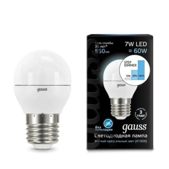 Светодиодная лампа Gauss Шар 7W 550Lm 4100K E27 105102207-S