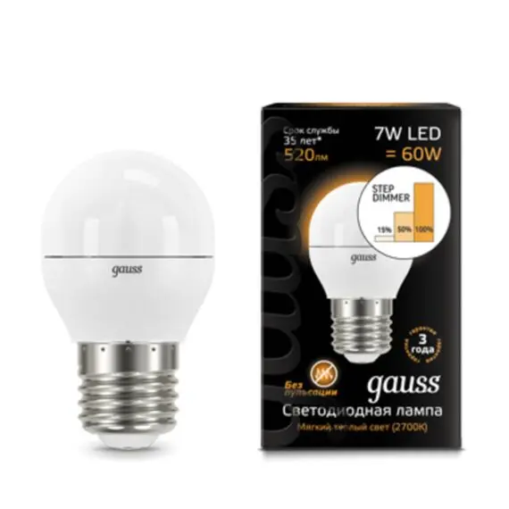 Светодиодная лампа Gauss Шар 7W 520Lm 3000K E27 105102107-S