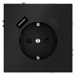 Розетка встраиваемая VOLTUM S70 с заземлением и защитными шторками, 16А, с USB, A+С, (черный матовый