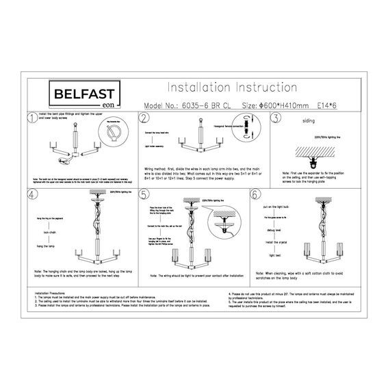 Подвесная люстра Belfast Malone 6035-6 BR CL Латунь / Стекло, изображение 7