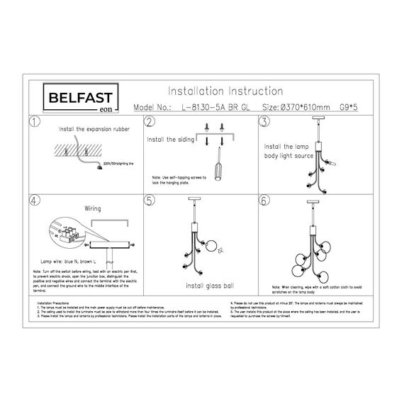 Подвесная люстра Belfast Bryson L-8130-5A BR GL Латунь / Стекло, изображение 7