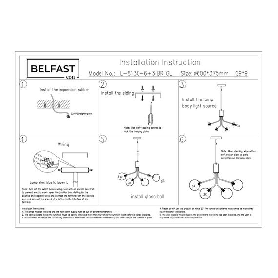 Подвесная люстра Belfast Bryson L-8130-6+3 BR GL Латунь / Стекло, изображение 7