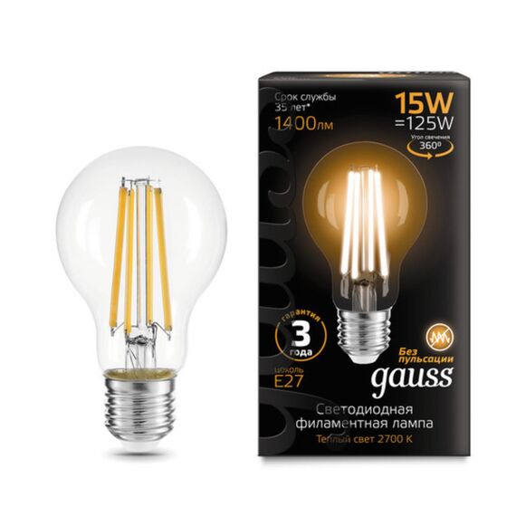 Светодиодная филаментная лампа Gauss A60 15W 1400Lm 2700K E27 102902115