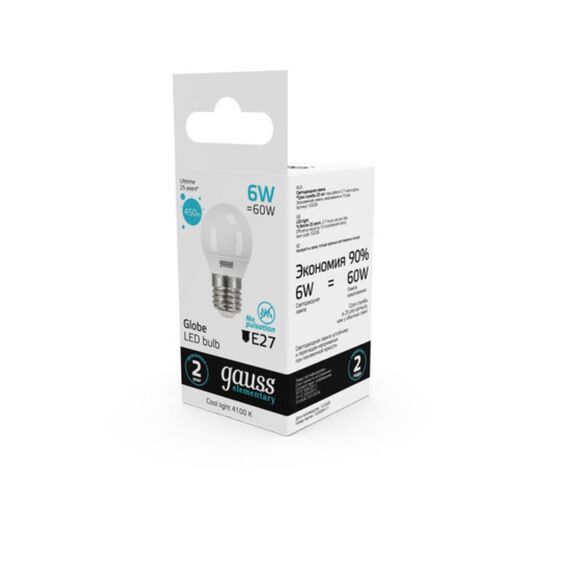 Светодиодная лампа Gauss Шар 6W 450Lm 4100K E27 53226, изображение 4