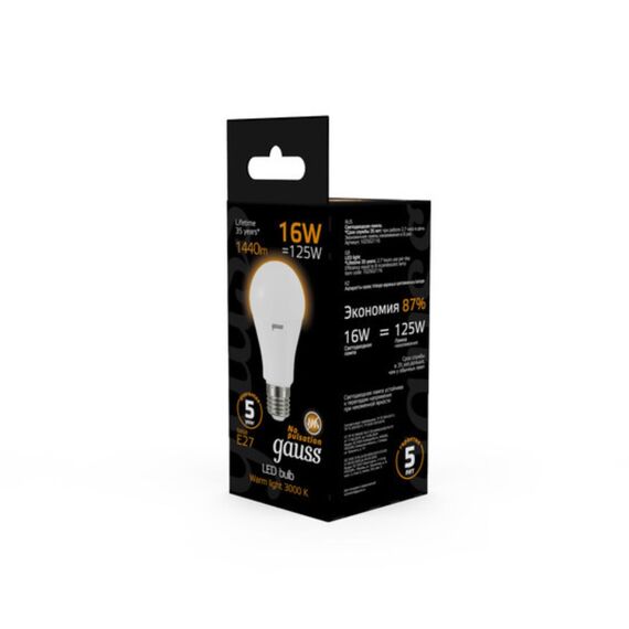Светодиодная лампа Gauss A60 16W 1380Lm 3000K E27 102502116, изображение 4