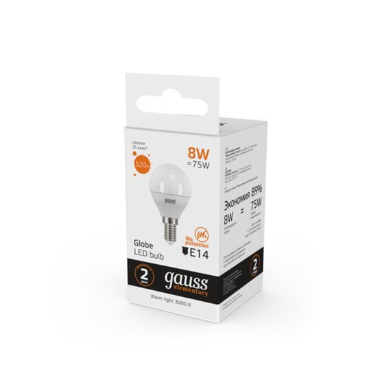 Светодиодная лампа Gauss Шар 8W 520Lm 3000K E14 53118, изображение 4