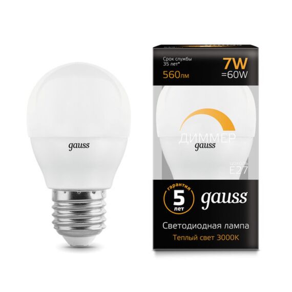 Светодиодная лампа Gauss Шар 7W 560Lm 3000K E27 105102107-D
