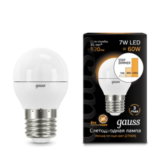 Светодиодная лампа Gauss Шар 7W 520Lm 3000K E27 105102107-S