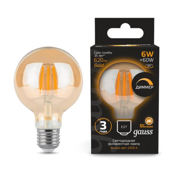 Светодиодная филаментная лампа Gauss G95 6W 620Lm 2400K E27 105802006-D