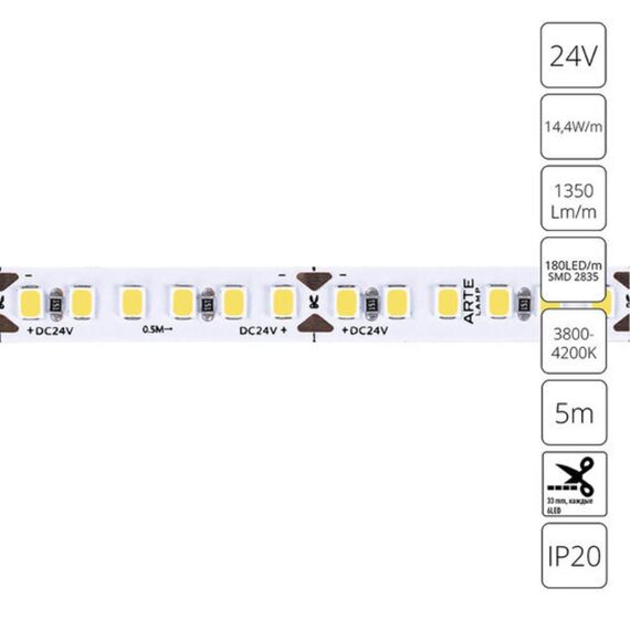 Светодиодная лента 24V 14,4W/m 4000К 5м Arte Lamp TAPE A2418008-02-4K