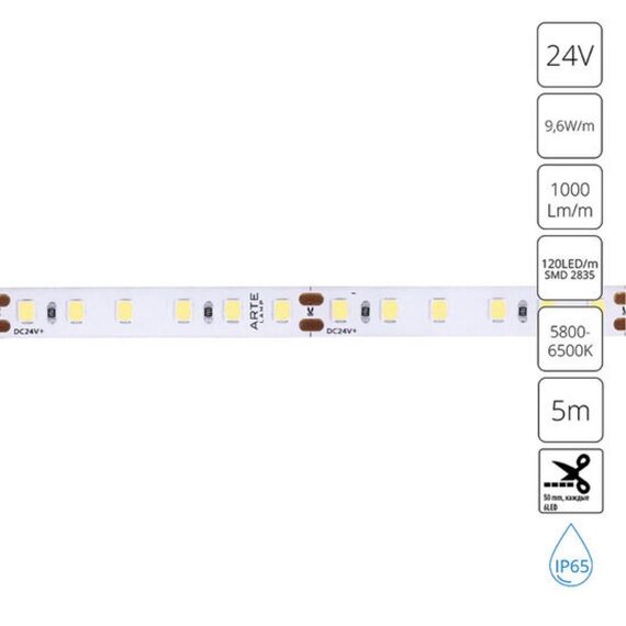 Светодиодная лента 24V 9,6W/m 6000К 5м Arte Lamp AQUA TAPE A2412008-06-6K