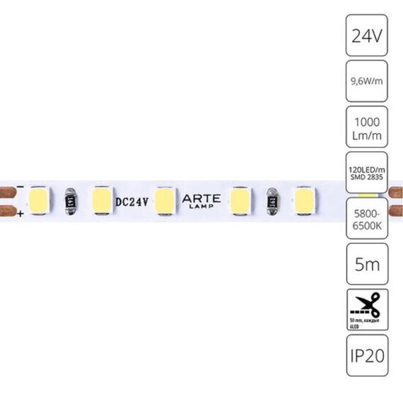 Светодиодная лента 24V 9,6W/m 6000К 5м Arte Lamp TAPE A2412005-03-6K