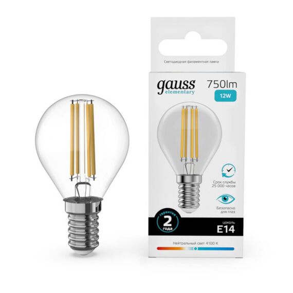 Светодиодная филаментная лампа Gauss FILAMENT ELEMENTARY Шар 12W 750Lm 4100K E14 52122