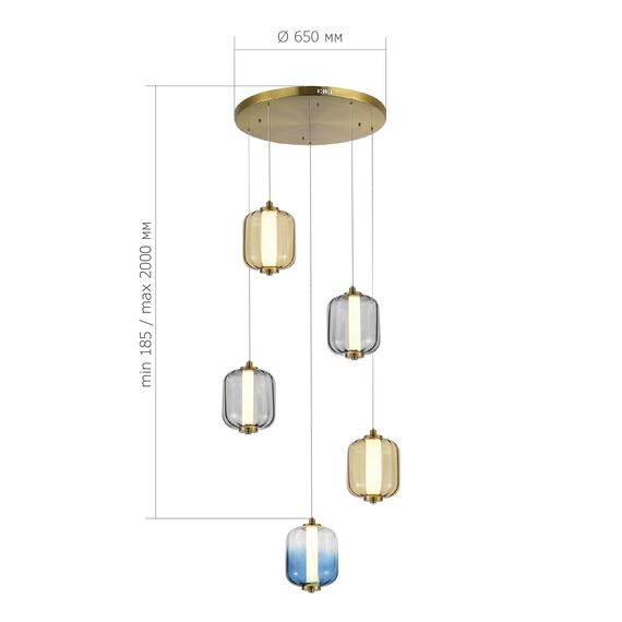 SL1193.303.05 Светильник подвесной ST-Luce Латунь/Янтарный,Дымчатый,Голубой LED 5*10W 3000K SUMMER, изображение 4