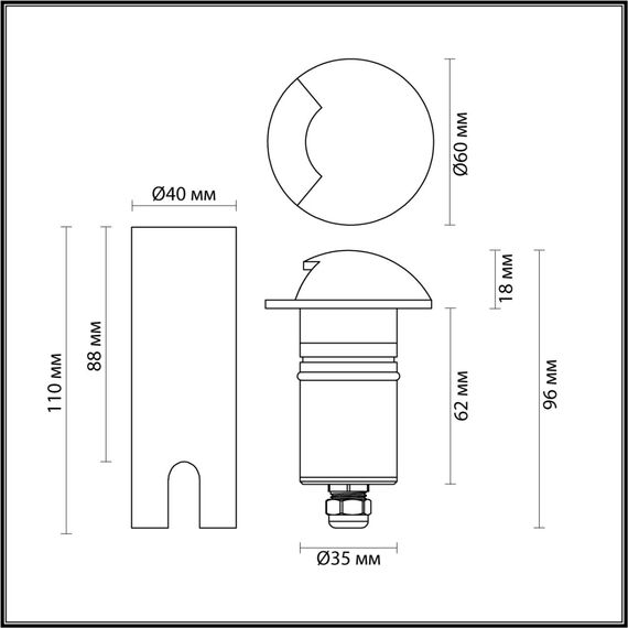 6662/1GL3 NATURE ODL25 729 черный/металл Встраиваемый грунтовый светильник IP67 LED 3W 3000K 75° 12V/24V WALD (нужен драйвер 357781/357782), изображение 2