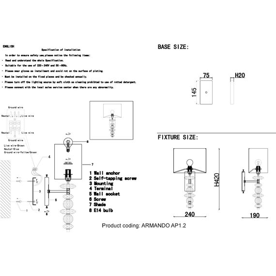 Бра Crystal Lux ARMANDO AP1.2 GOLD, изображение 3