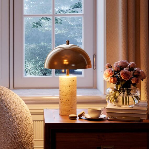 7089/2T MIDCENT ODL25 233 Настольный светильник с выкл. Бронзовый/металл/камень травертин IP20 2*LED E14 7W 220V RUFINA, изображение 3