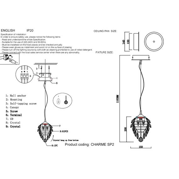 Светильник подвесной Crystal Lux CHARME SP2 GOLD/TRANSPARENT, изображение 2