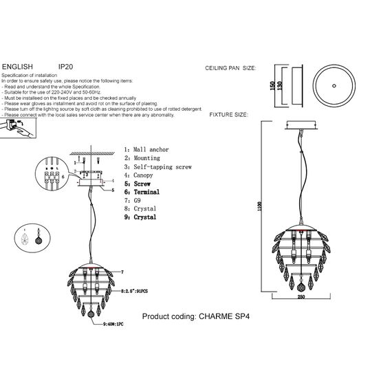 Светильник подвесной Crystal Lux CHARME SP4 GOLD/TRANSPARENT, изображение 2