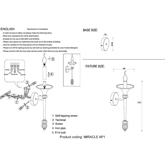 Бра Crystal Lux MIRACLE AP1 GOLD, изображение 2