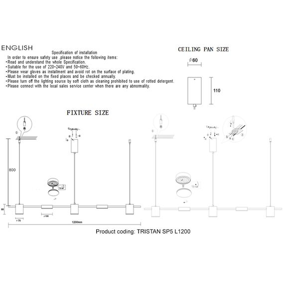 Светильник подвесной Crystal Lux TRISTAN SP5 L1200 BLACK, изображение 5