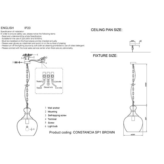 Светильник подвесной Crystal Lux CONSTANCIA SP1 BROWN, изображение 3