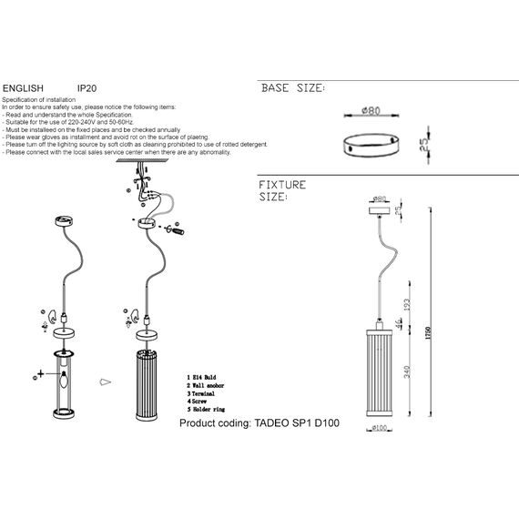 Светильник подвесной Crystal Lux TADEO SP1 D100 CHROME/TRANSPARENTE, изображение 3