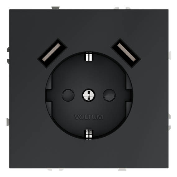 Розетка встраиваемая VOLTUM S70 с заземлением и защитными шторками, 16А, с USB, A+A, (графит)