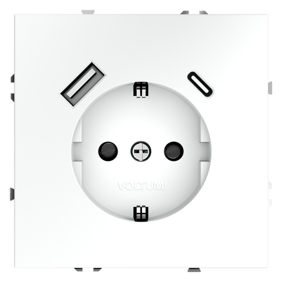 Розетка встраиваемая VOLTUM S70 с заземлением и защитными шторками, 16А, с USB, A+С, (белый матовый)