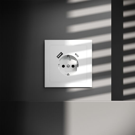 Розетка встраиваемая VOLTUM S70 с заземлением и защитными шторками, 16А, с USB, A+С, (белый матовый), изображение 7