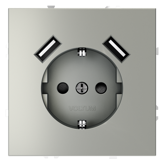 Розетка встраиваемая VOLTUM S70 с заземлением и защитными шторками, 16А, с USB, A+A, (сталь)