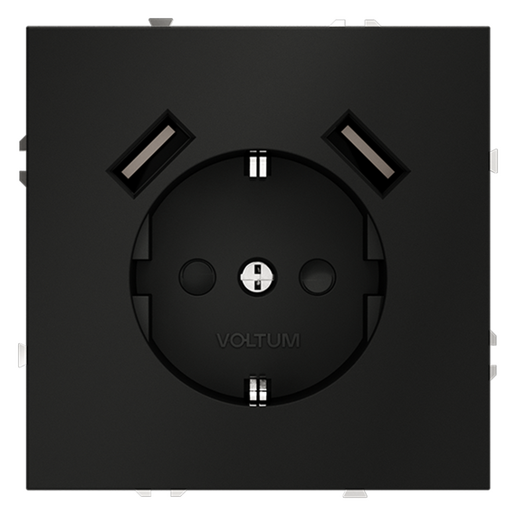 Розетка встраиваемая VOLTUM S70 с заземлением и защитными шторками, 16А, с USB, A+A, (черный матовый