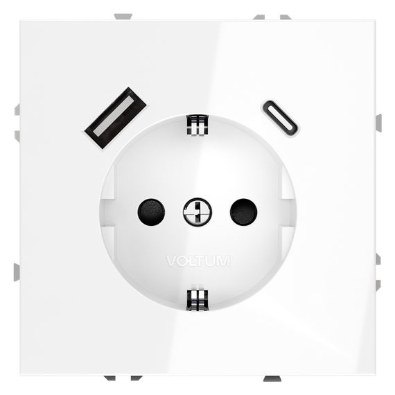 Розетка встраиваемая VOLTUM S70 с заземлением и защитными шторками, 16А, с USB, A+С, (белый глянцевы