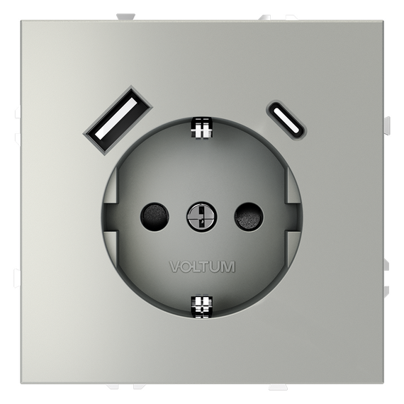 Розетка встраиваемая VOLTUM S70 с заземлением и защитными шторками, 16А, с USB, A+С, (сталь)