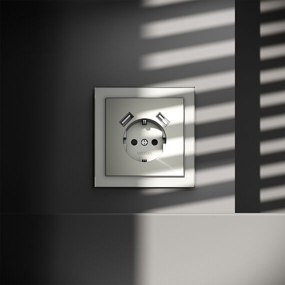 Розетка встраиваемая VOLTUM S70 с заземлением и защитными шторками, 16А, с USB, A+A, (сталь), изображение 4