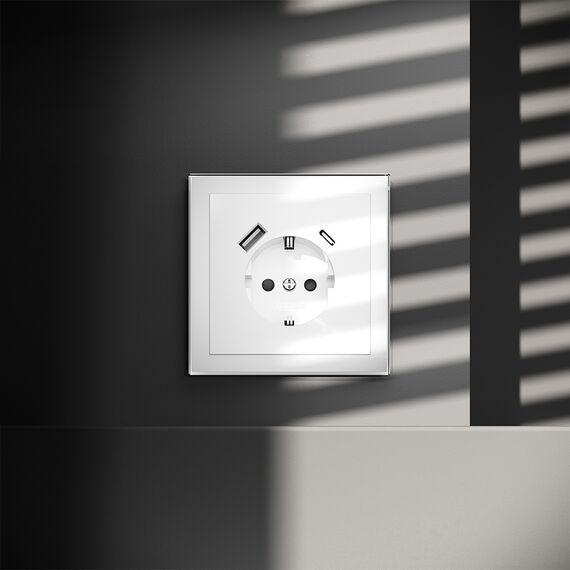 Розетка встраиваемая VOLTUM S70 с заземлением и защитными шторками, 16А, с USB, A+С, (белый глянцевы, изображение 6