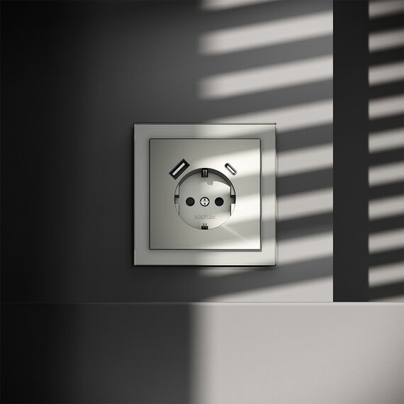 Розетка встраиваемая VOLTUM S70 с заземлением и защитными шторками, 16А, с USB, A+С, (сталь), изображение 4