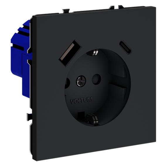 Розетка встраиваемая VOLTUM S70 с заземлением и защитными шторками, 16А, с USB, A+С, (графит), изображение 3