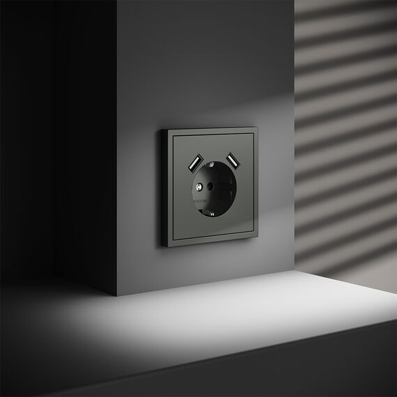 Розетка встраиваемая VOLTUM S70 с заземлением и защитными шторками, 16А, с USB, A+A, (титан), изображение 5