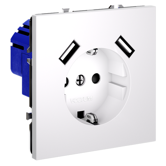 Розетка встраиваемая VOLTUM S70 с заземлением и защитными шторками, 16А, с USB, A+A, (белый матовый), изображение 2