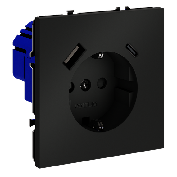 Розетка встраиваемая VOLTUM S70 с заземлением и защитными шторками, 16А, с USB, A+С, (черный матовый, изображение 3